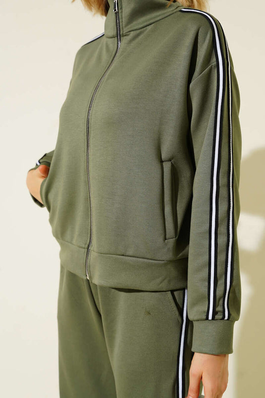 Yan Şeritli Fermuarlı İkili Takım Haki