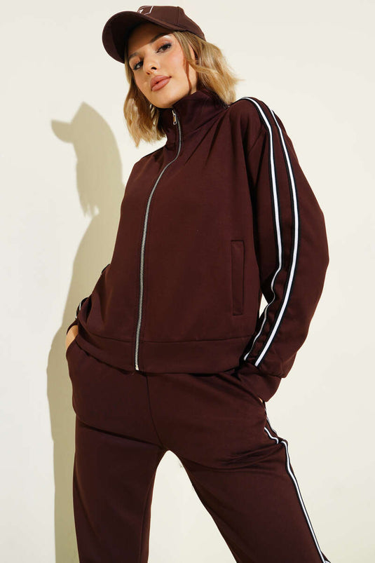 Two-Piece Set with Side Stripe and Zipper, Coffee