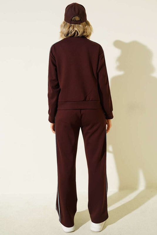 Two-Piece Set with Side Stripe and Zipper, Coffee