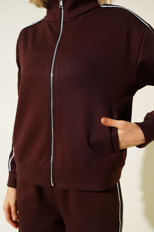 Two-Piece Set with Side Stripe and Zipper, Coffee