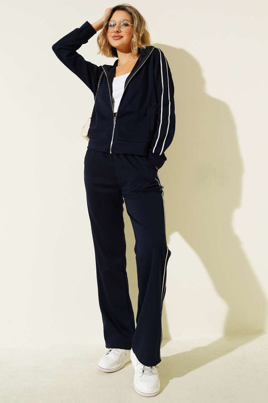 Two-Piece Set with Side Stripe and Zipper, Navy Blue