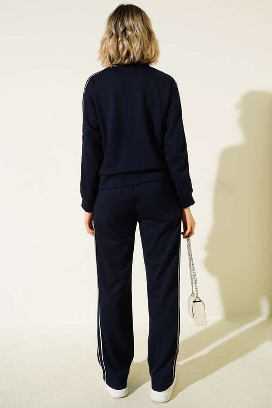 Two-Piece Set with Side Stripe and Zipper, Navy Blue