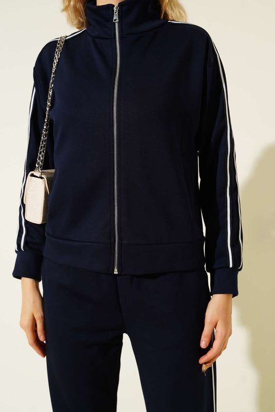 Yan Şeritli Fermuarlı İkili Takım Lacivert