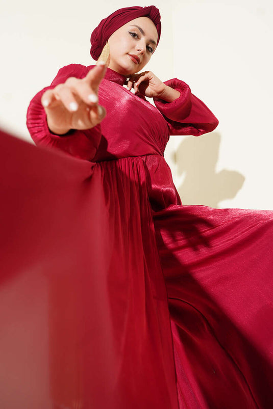 Yan Taş Detaylı Büzgülü Abiye Elbise Bordo