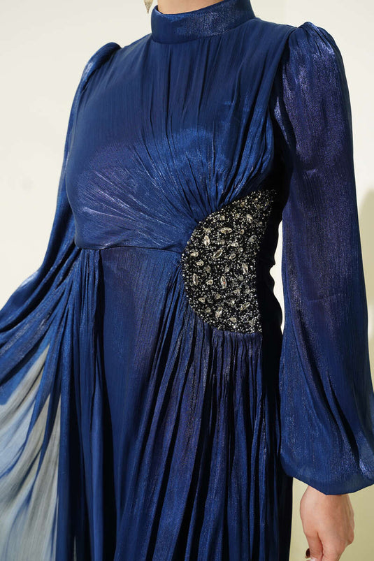 Evening Dress with Side Stone Detail and Gathered Design Navy Blue