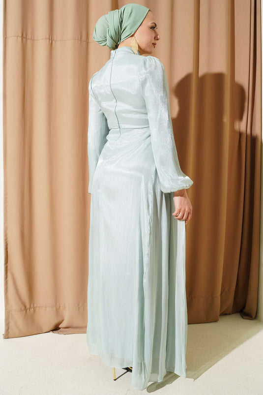 Yan Taş Detaylı Büzgülü Abiye Elbise Mint