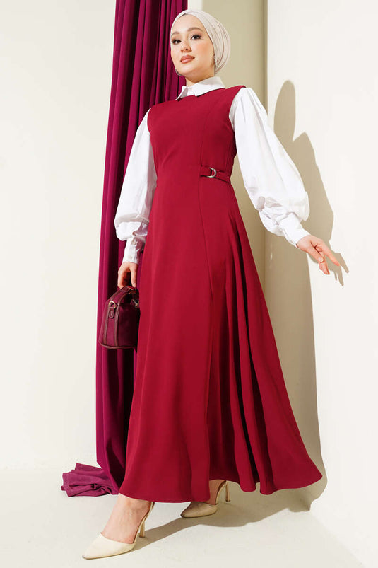 فستان بدون أكمام مزين بتفاصيل يان توكا بلون خمري