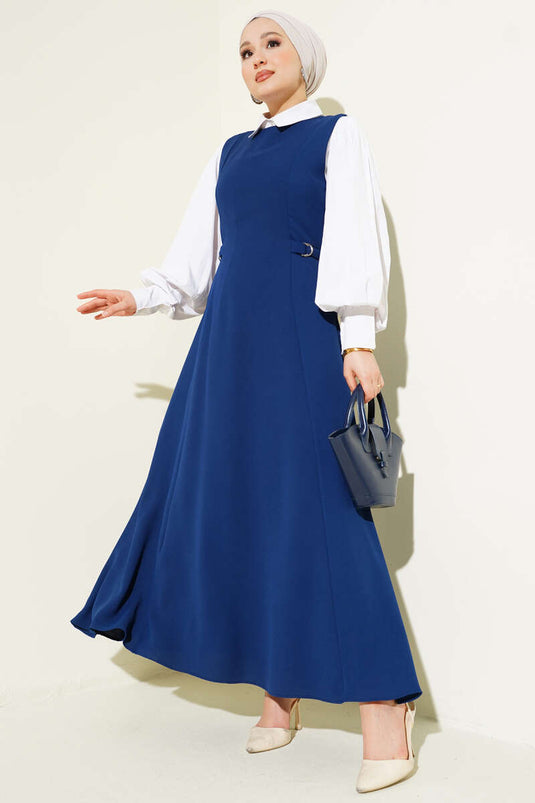 فستان بدون أكمام مزين بتفاصيل يان توكا باللون الأزرق الداكن