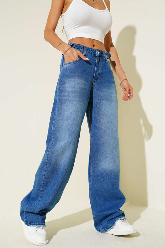 Side Buckle Distressed Baggy Denim Jeans Blue