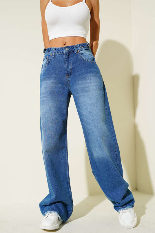Side Buckle Distressed Baggy Denim Jeans Blue