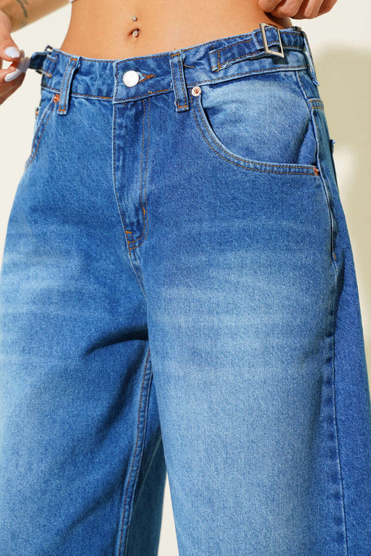 Side Buckle Distressed Baggy Denim Jeans Blue