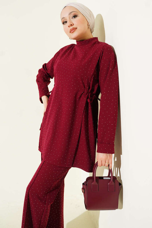 Yan Tünelli Taş Süslemeli İkili Takım Bordo