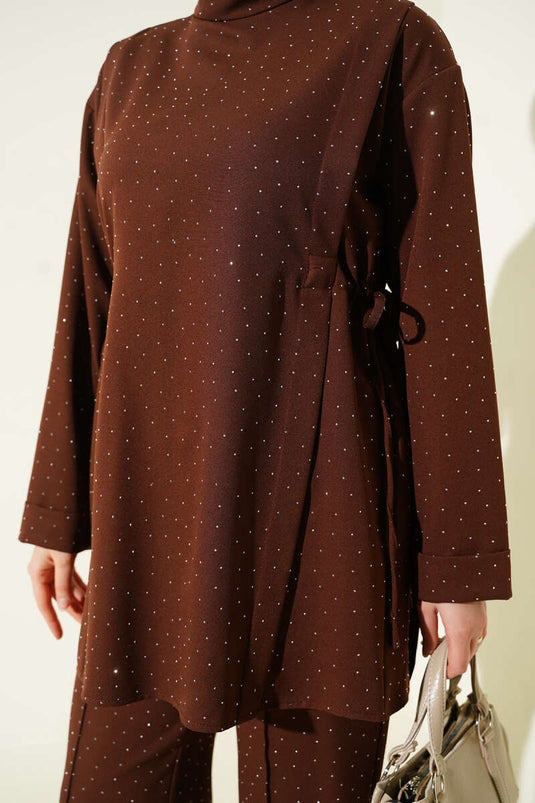 Yan Tünelli Taş Süslemeli İkili Takım Kahve