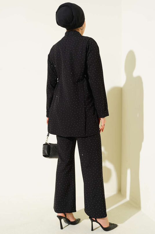 Yan Tünelli Taş Süslemeli İkili Takım Siyah