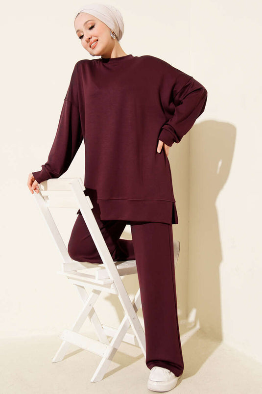Loyşa Two Piece Suit with Side Slit Detail, Burgundy