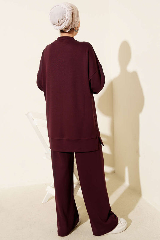 Loyşa Two Piece Suit with Side Slit Detail, Burgundy