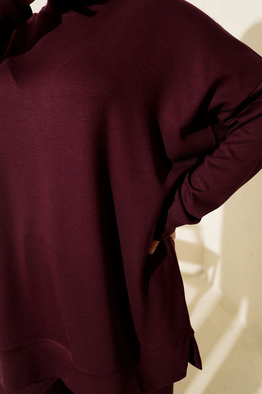 Loyşa Two Piece Suit with Side Slit Detail, Burgundy