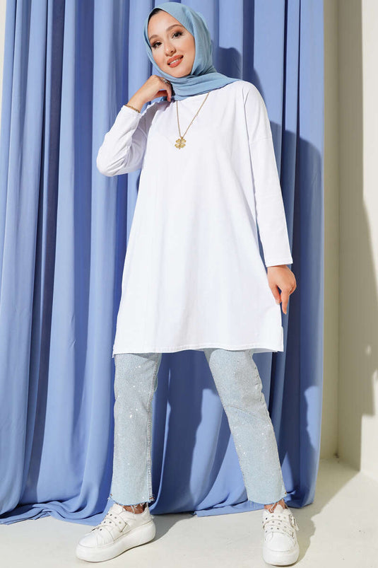 Yan Yırtmaçlı Basic Tunik Beyaz