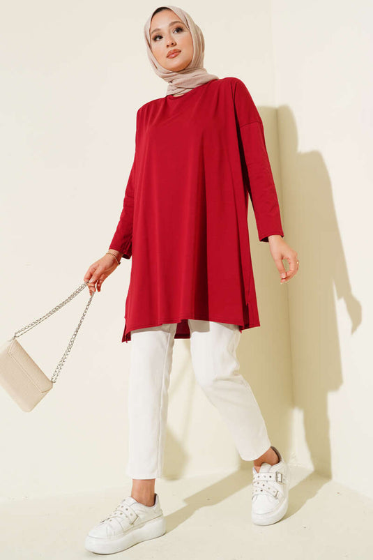Yan Yırtmaçlı Basic Tunik Bordo