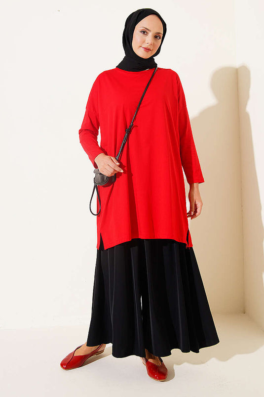 Red Basic Tunic With Side Slit