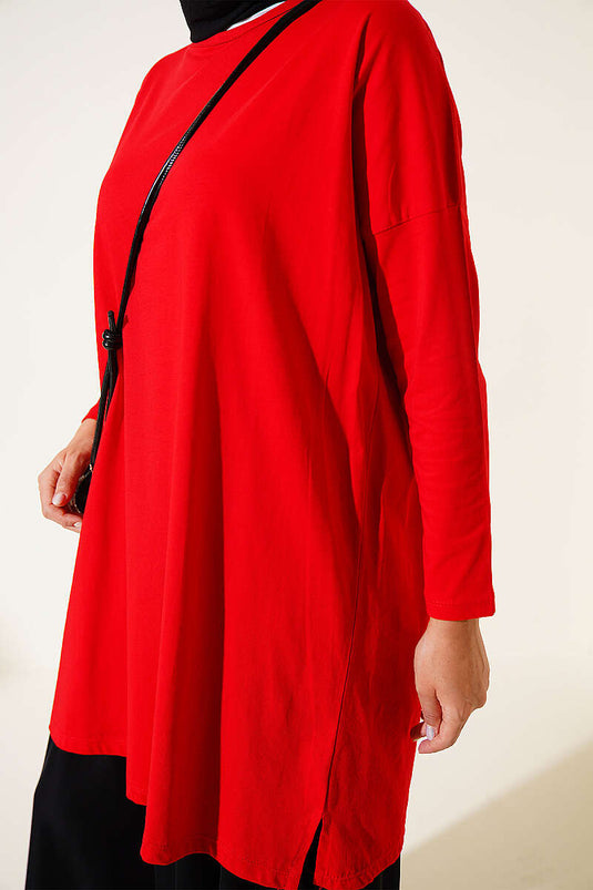 Red Basic Tunic With Side Slit