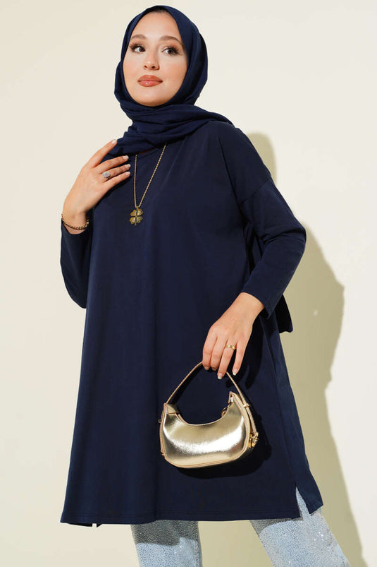 Yan Yırtmaçlı Basic Tunik Lacivert
