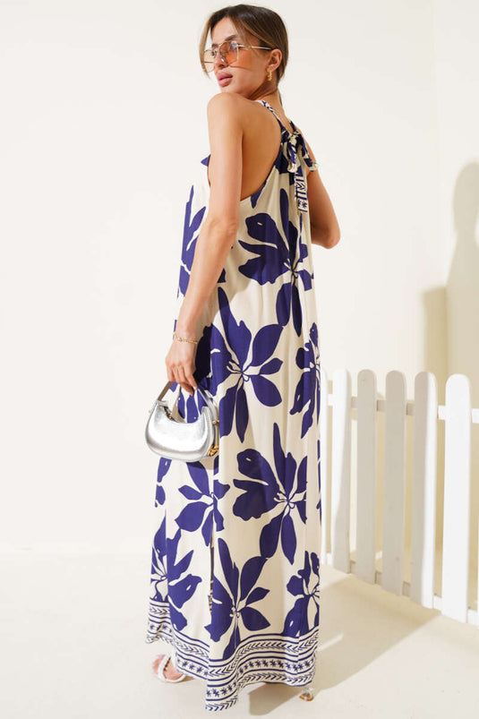 Gemustertes Kleid mit Seitenschlitz, marineblau