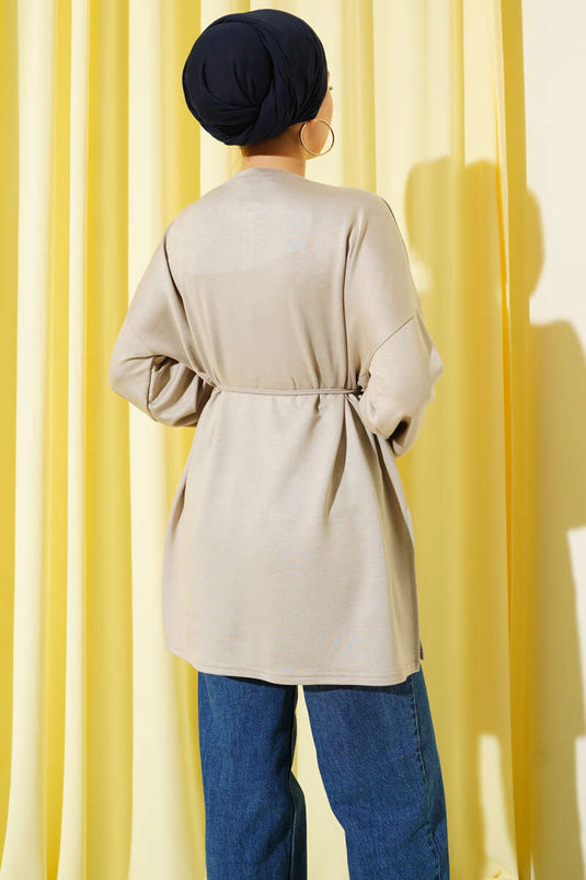 Side Slit Double Sleeve Tunic Beige