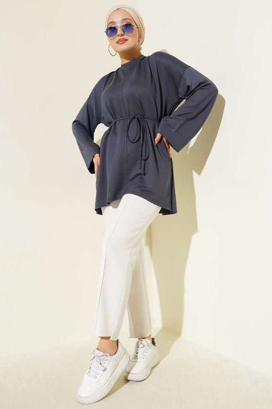 تونيك بأكمام مزدوجة وفتحة جانبية، رمادي دخاني