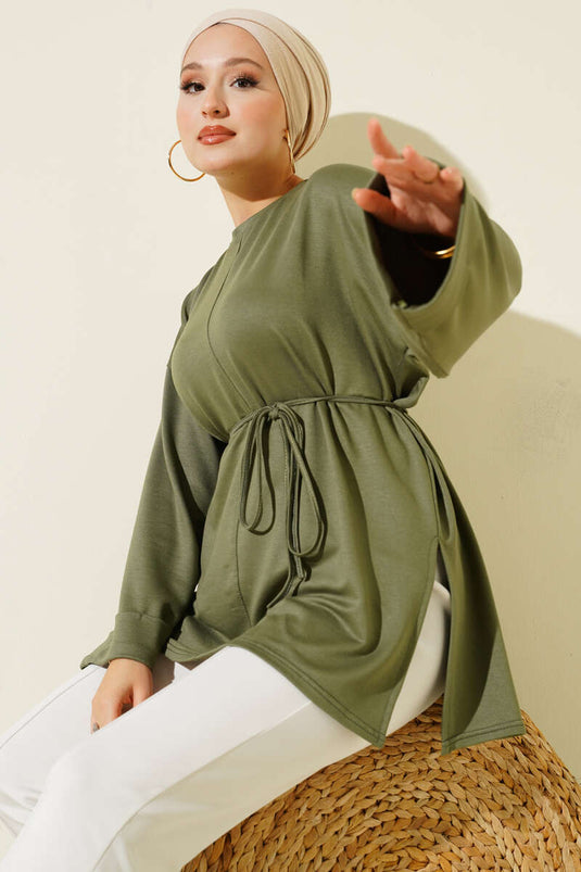 سترة طويلة بفتحة جانبية وأكمام مزدوجة، لون كاكي