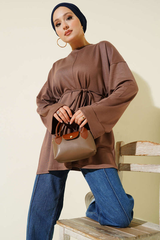 تونيك بفتحة جانبية وأكمام مزدوجة كستنائي