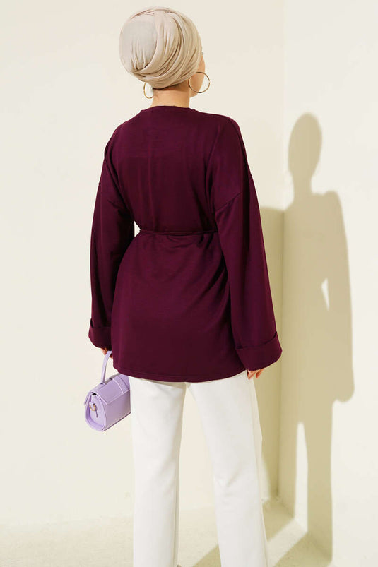 تونيك بأكمام مزدوجة وفتحة جانبية باللون البرقوقي