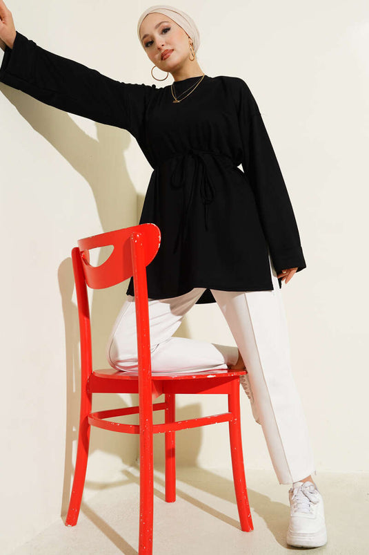 Side Slit Double Sleeve Tunic Black