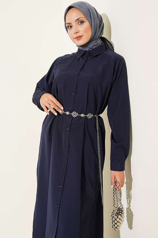 Camicia Lunga Con Bottoni E Spacco Laterale In Blu Navy