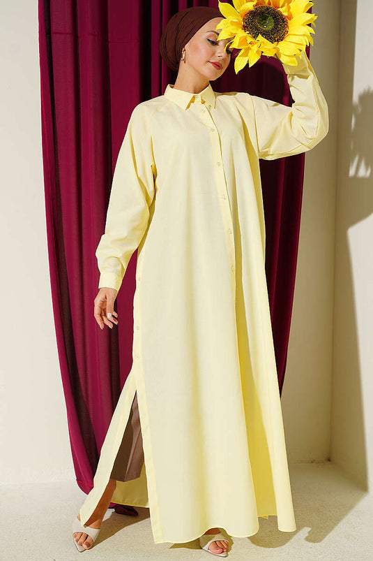 Long Button-Front Shirt With Side Slit In Yellow