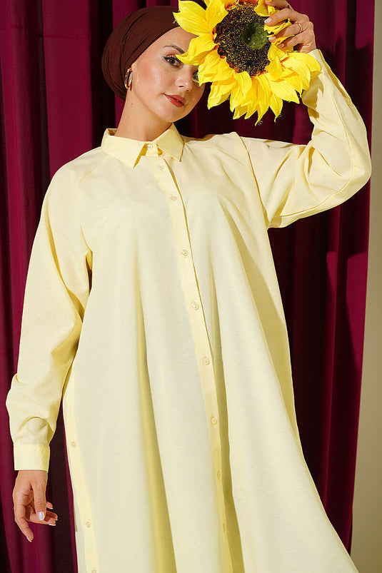 Long Button-Front Shirt With Side Slit In Yellow