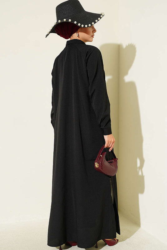 Long Black Shirt With Side Slit And Button Closure