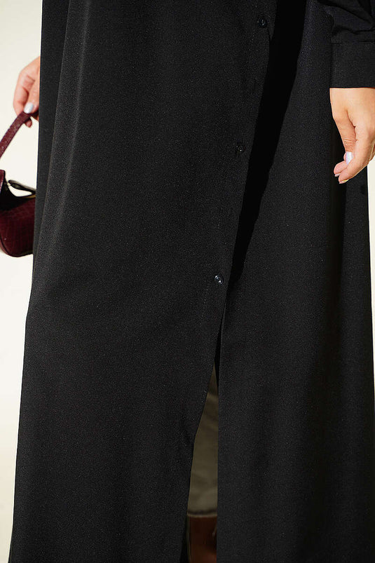 Long Black Shirt With Side Slit And Button Closure