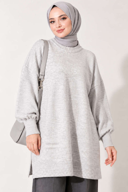 Long Soft Knit Tunic With Side Slit In Light Grey