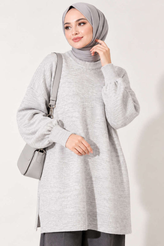Long Soft Knit Tunic With Side Slit In Light Grey