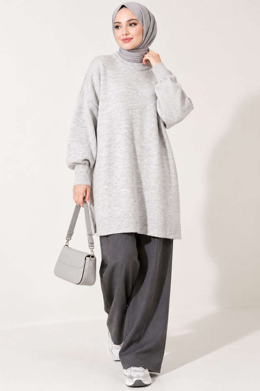 Long Soft Knit Tunic With Side Slit In Light Grey