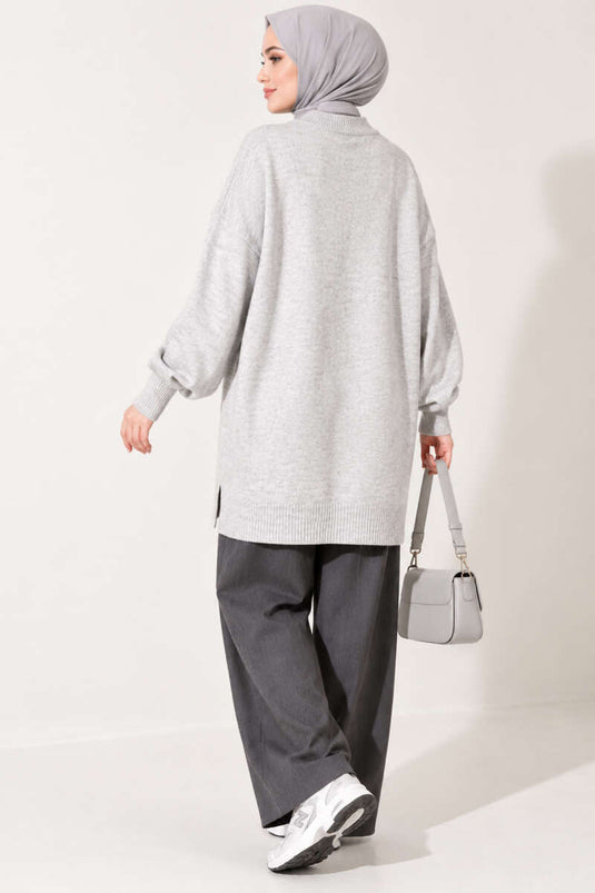 Long Soft Knit Tunic With Side Slit In Light Grey
