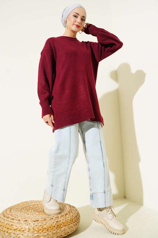 Long Cozy Knit Tunic With Side Slit Burgundy