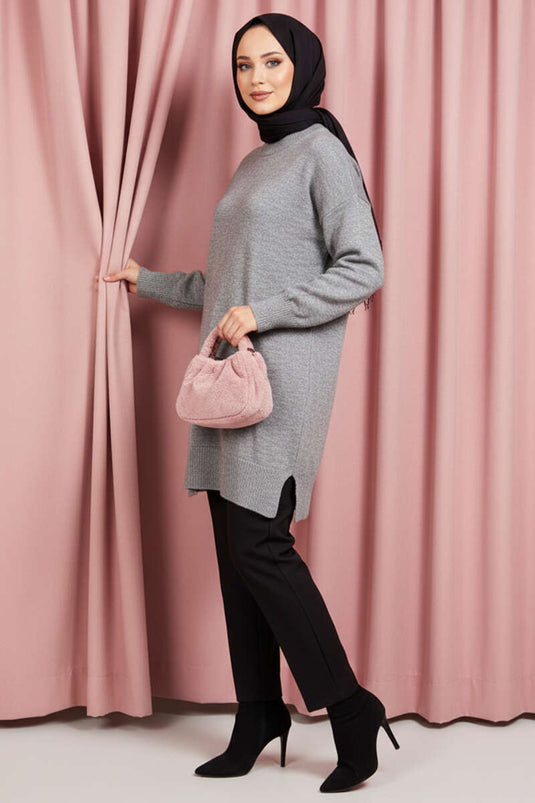 Grey Soft Long Knit Tunic with Side Slit