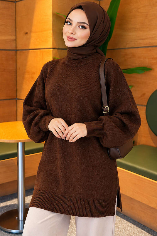 Yan Yırtmaçlı Yumoş Uzun Triko Tunik Kahve
