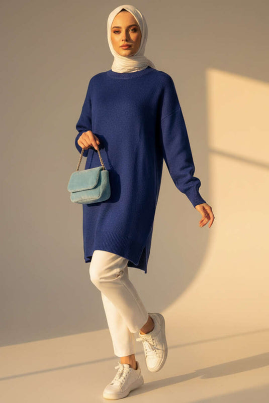 Long Cozy Knit Tunic With Side Slit In Navy Blue