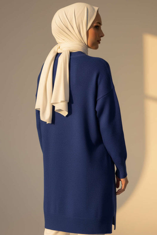 Long Cozy Knit Tunic With Side Slit In Navy Blue