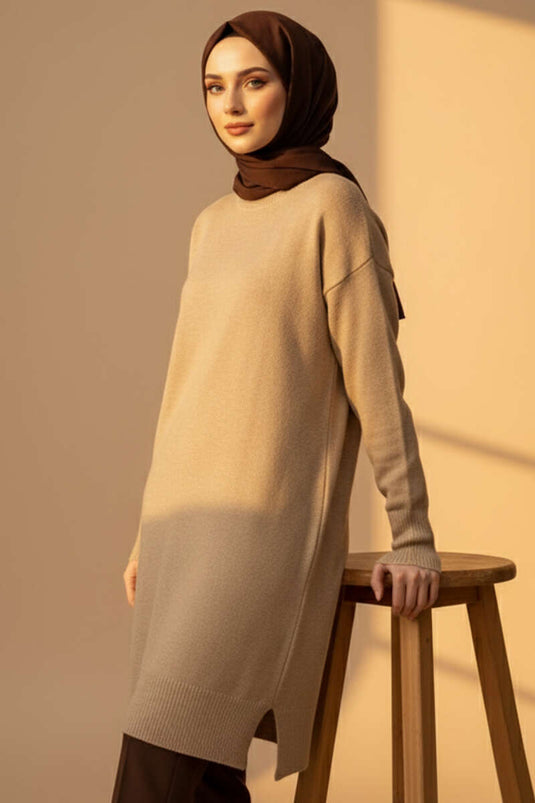 Side-Slit Soft Long Knitted Tunic Latte