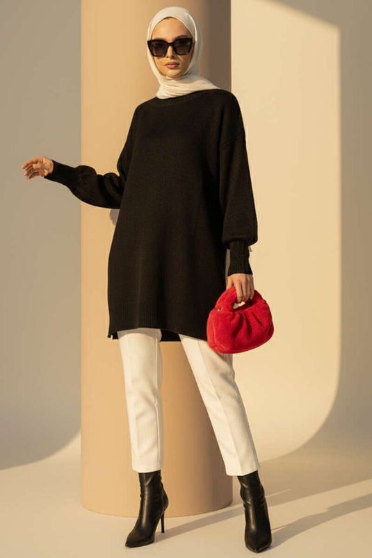 Tunique longue en tricot doux avec fente latérale noire