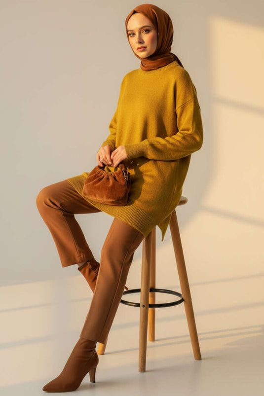 Yan Yırtmaçlı Yumoş Uzun Triko Tunik Yağ Yeşili